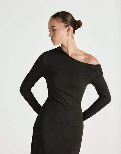 Ozias Long Sleeve Midi Dress (Black)